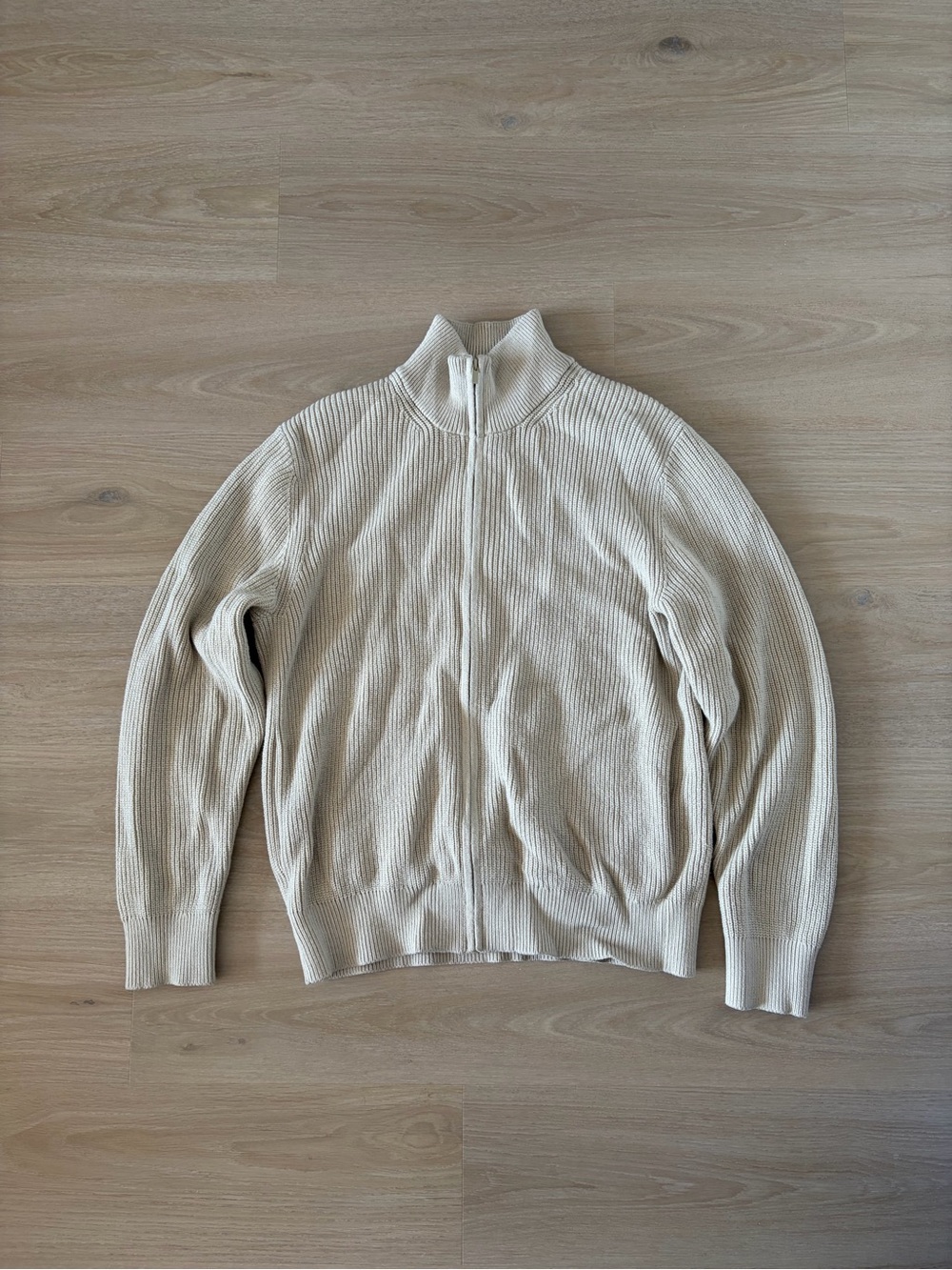 Men's Cream Full-Zip Ribbed Sweater Jacket Size L